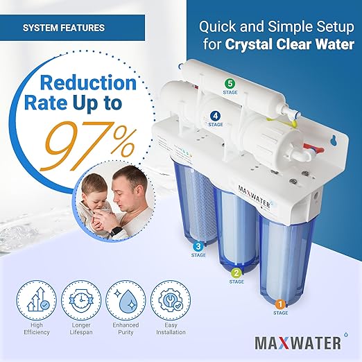 Max Water 5 Stage 100 GPD Reverse Osmosis Water Filtration System + Faucet-B + NSF Certified Tank + 7 Extra Replacement Filter Cartridges - Wall Mount/Under Sink RO System - Model: RO-5C6
