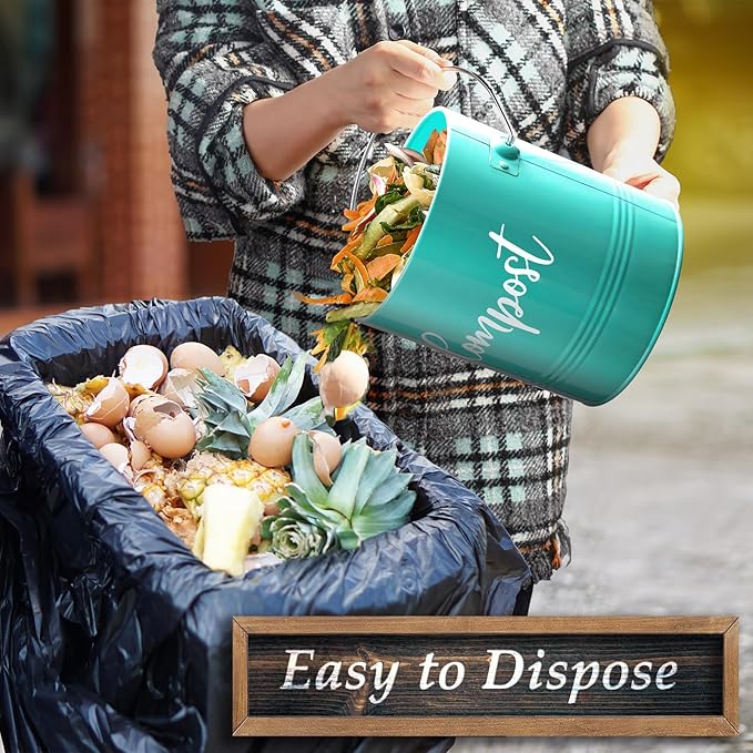 Teal Compost Bin - 1.3 Gallon Countertop Compost Bin with Lid - Rust Proof Compost Bucket - Teal Kitchen Decor