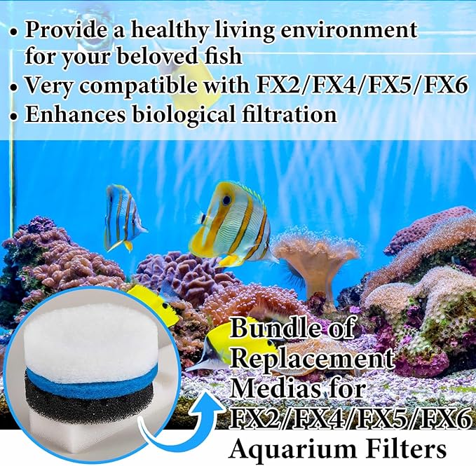 34 Pcs Aquarium Media Replacement Kit Compatible with Fluval Fx4 Fx5 Fx6, Quick Clear/Water Polishing Pads, Foam Pads, Carbon Sponge Filter, Activated Carbon, Silicone Lube, Mesh Bags