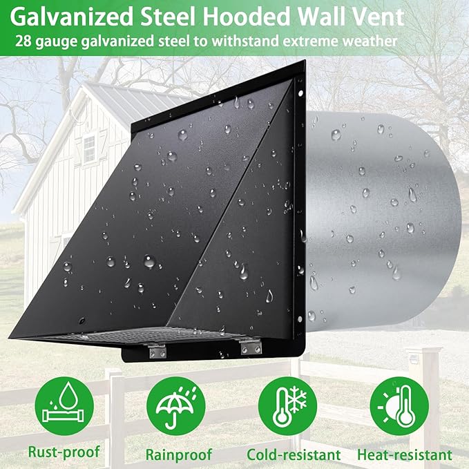 6 Inch Hooded Wall Vent with Screen and Damper,6 Inch Wall Exhaust Vent Cover Dryer Ventilation Cap Exterior for Kitchen Range Hood Air Exhaust,External Extractor w/Non Return Flap,Galvanized Steel