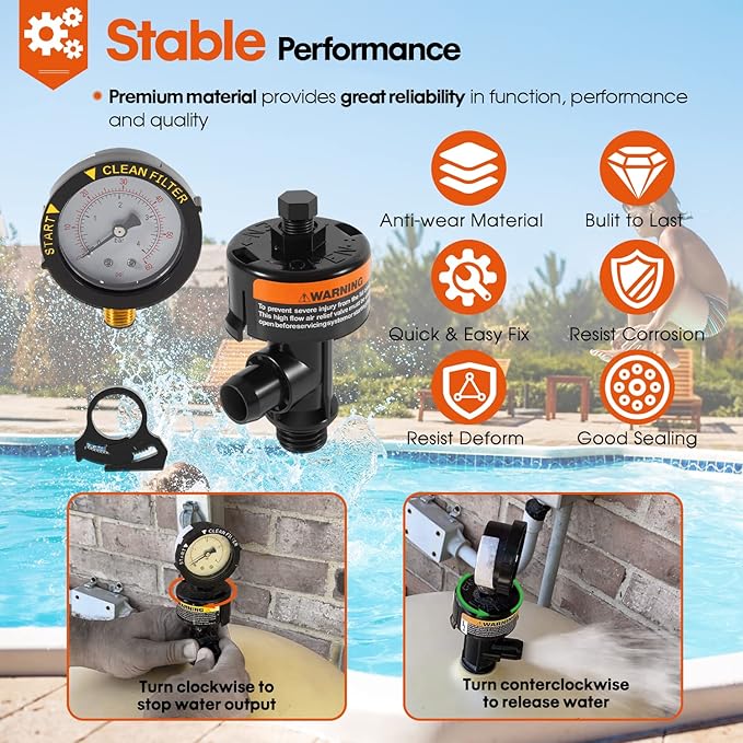 98209800 High Flow Manual Relief Valve/Air Relief Manual Valve Assembly with Pressure Gauge, Replacement for Pool and Spa Filter (1 PACK-98209800)