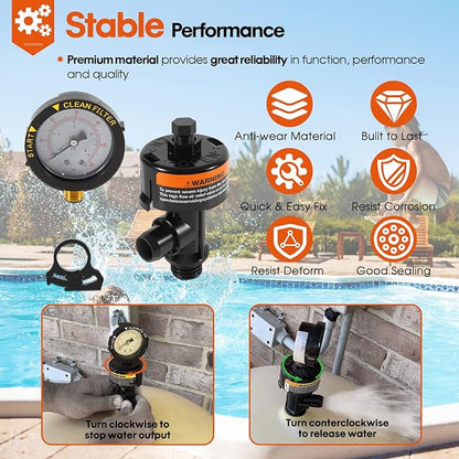98209800 High Flow Manual Relief Valve/Air Relief Manual Valve Assembly with Pressure Gauge, Replacement for Pool and Spa Filter (1 PACK-98209800)