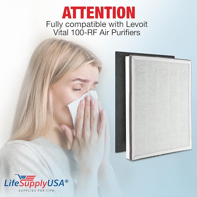 Vital 100-RF True HEPA Filter Set Compatible with LEVOIT Vital 100 Air Purifier Hepa + Activated Carbon Pre-Filter Replacement by LifeSupplyUSA