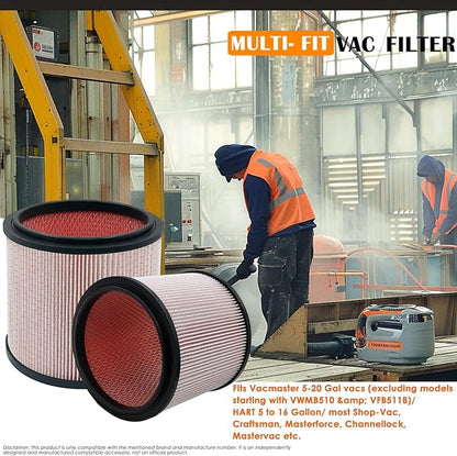 Fine Dust Replacement Filter for Vacmaster 5-20 Gallon/Hart Shop Vacuum 5-17 Gallon, Replaces Hart VCFS 3701 Filter/VCFF Filter, Fits most Shop-Vac/Craftsman Vacuum, with 2x Wet Foam Sleeve