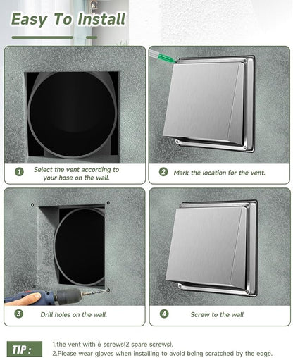 Upgraded 4" Stainless Steel 304 Dryer Vent Cover Outdoor - Rubber Cushioned Non-Return Flap (Noise Reduction) Air Vent with Built-in Fly Screen & 6 Screws for Bathroom Exhaust Vent Office Home
