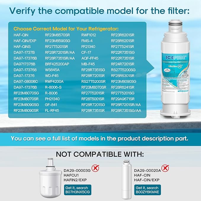 ICEPURE Alkaline DA97-17376B Refrigerator Water Filter Replacement for Samsung HAF-QIN/EXP, DA97-08006C, WD-F45, WS645A RS27T5200SR RS22T5201SR RF28R7201SR RF32CG5400SR RF23M8070SG, Enhances PH, 4Pack