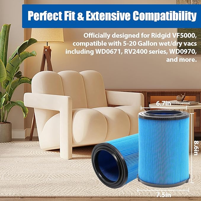 1 Pack VF5000 Replacement Filter for Rigid Shop Vac, H11 Washable & Reusable 3-Layer Filter with QwikLock, Fits 5-20 Gallon Wet/Dry Vacuums (WD0671, RV2400, WD1450, WD1851, etc.)
