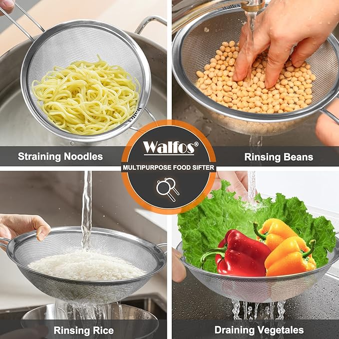 Walfos 8.6 Inch Large Fine Mesh Strainer, Kitchen Metal Food Strainers with Sturdy Handle, Stainless Steel 30 Mesh Sieve Sifters for Rice, Quinoa, Pasta, Fruits, Vegetables, etc.