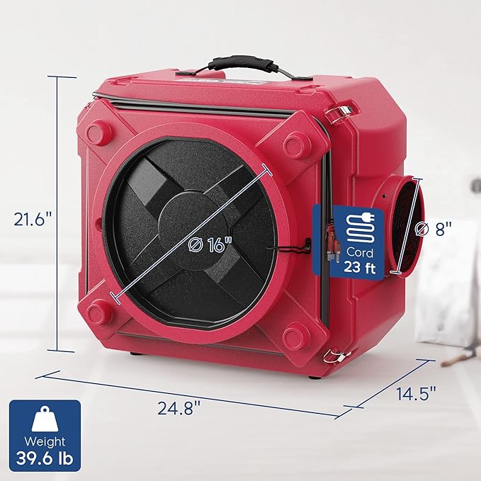 AlorAir CleanShield HEPA 550 - Heavy Duty Commercial Air Scrubber HEPA Filter System, 25' Power Cord with Lighted End and Roto-Molded Unbreakable Housing Air Cleaner, cETL Listed, Red (Pack of 8)