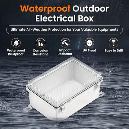 QILIPSU Outdoor WiFi Enclosure, 8.6"x6.7"x4.3" Waterproof Electrical Junction Box, Clear Plastic Hinged Cover IP67 Weatherproof for Solar Projects Network Router Led Control