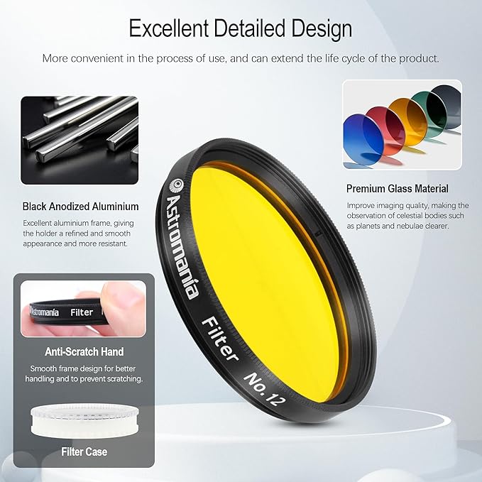 Astromania Telescope Filter, Planetary Filter with Metal Frame for Astronomical Telescope Eyepiece, 2 Inch Telescope #12 Yellow Color Filter for Enhancing Contrast in Lunar Planetary Observation