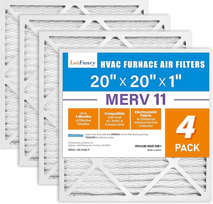 LotFancy 20x20x1 Air Filter MERV 11 4-Pack, Electrostatic Pleated AC Furnace Air Filter, Captures Dust, Smog & Pet Dander, Actual Size: 19.75"x19.75"x0.75"