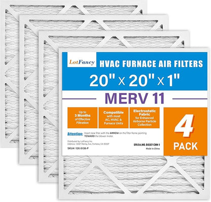 LotFancy 20x20x1 Air Filter MERV 11 4-Pack, Electrostatic Pleated AC Furnace Air Filter, Captures Dust, Smog & Pet Dander, Actual Size: 19.75"x19.75"x0.75"