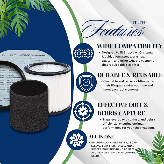 Vacuum Canister Filter Set for Wet/Dry Shop Vacuums – Includes Canister Filter, Foam Sleeve, 3 Dry Filter Discs, and Mounting Band Compatible with Shop-Vac, Craftsman, Ridgid, and More