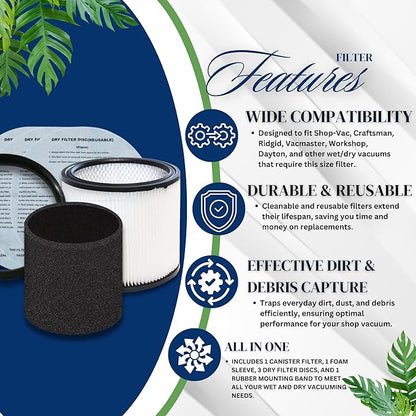 Vacuum Canister Filter Set for Wet/Dry Shop Vacuums – Includes Canister Filter, Foam Sleeve, 3 Dry Filter Discs, and Mounting Band Compatible with Shop-Vac, Craftsman, Ridgid, and More