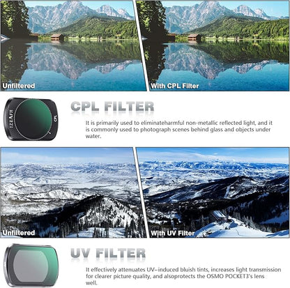 Variable ND Lens Filters Kit for DJI Osmo Pocket 3 Creator Combo Accessories Variable ND Filters 1-5 Stops + 6-9 Stops Compatible-4 Pack(VND2-32 VND64-512 UV CPL)