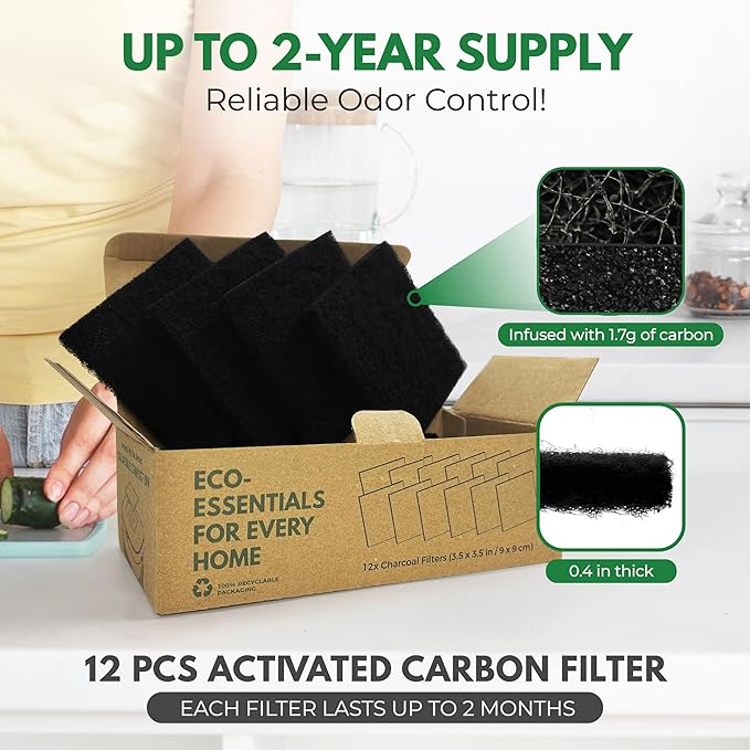 Charcoal Filters for Compost Bucket 3.5 in Square - Pack of 12 Odor Blocking Compost Filters for Countertop Bin, Trash Cans & Litter Boxes - Universal Replacement Compost Bin Filter Charcoal