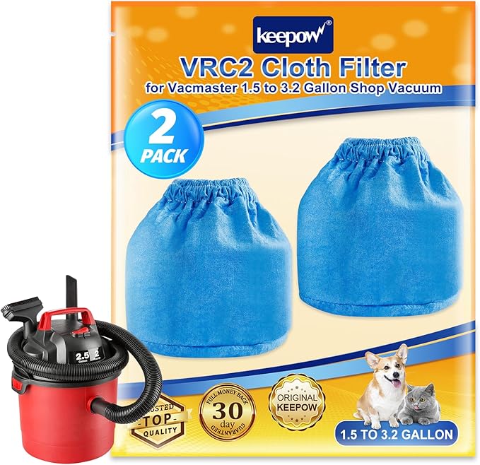 KEEPOW VRC2 Cloth Filter Compatible with Vacmaster 1.5 to 3.2 Gallon Wet/Dry Vacuums, Also Compatible with Shop Vac AA155 AA256 AA255, 2 Pack