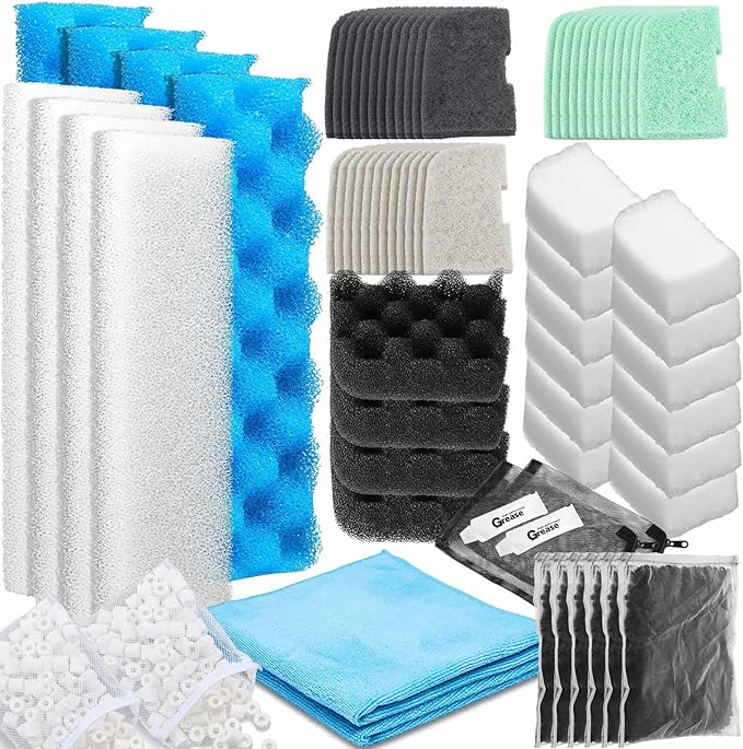 68 Pcs Canister Filter Media Kit Compatible with Fluval 406/407 Filter Media, Including Mesh Bags, 2 Packs of Ceramic Rings (500g Each), Quick Clear Foam, Nitrite/Phosphate/Ammonia Remover