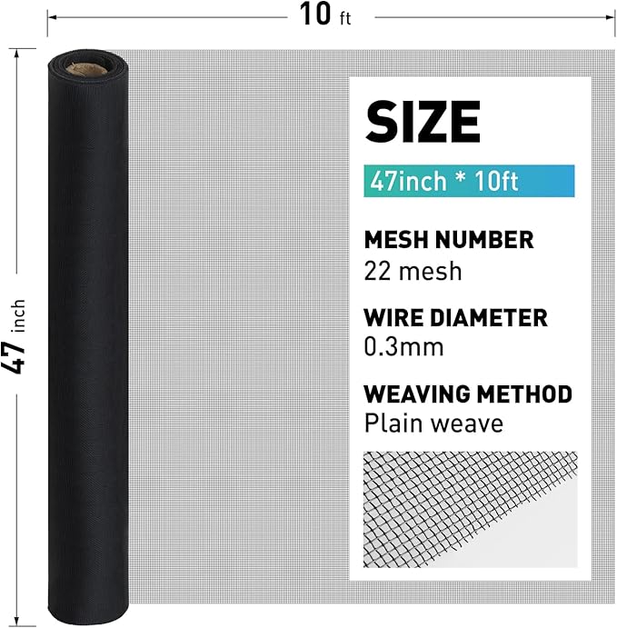 304 Stainless Steel Mesh Window Screen Roll,47IN x 10FT Black Metal Window Screen Replacement,Window Screen Mesh for Window,Door,Patio,Pet,Vent,Filter,Porch,Cage and DIY Project (22 Mesh)