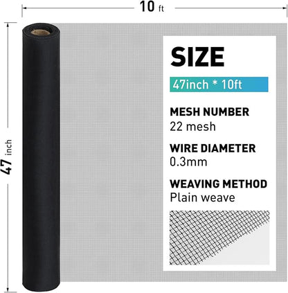 304 Stainless Steel Mesh Window Screen Roll,47IN x 10FT Black Metal Window Screen Replacement,Window Screen Mesh for Window,Door,Patio,Pet,Vent,Filter,Porch,Cage and DIY Project (22 Mesh)