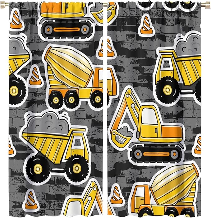 Kids Construction Excavator Window Curtains, Yellow Excavator Transporter Truck Cartoon Vehicles Rod Pocket Decorative Window Curtain for Children Teens Room 63x72in (30% Blackout)