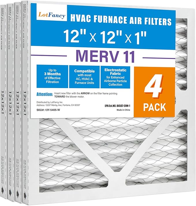 LotFancy 12x12x1 Air Filter MERV 11 4-Pack, Electrostatic Pleated AC Furnace Air Filter, Captures Dust, Smog & Pet Dander, Actual Size: 11.75"x11.75"x0.75"