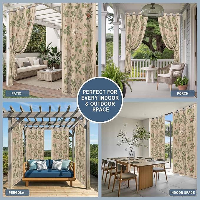Vintage Outdoor Curtains for Patio Grass Herbal Botanical Garden Plants Waterproof Outside Curtains with Grommet Top Weatherproof Curtain for Cabana Pergola Gazebo, 1 Panel, 54" W x 108" L