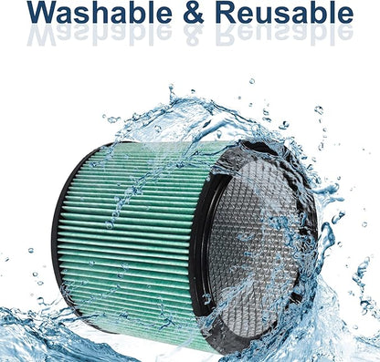 HQRP High Efficiency H14 HEPA Cartridge Filter 2-pack Replacement for Shop-vac 90350 90340 90304 9035033 90344, Fits most 4-16 Gallon Shop-Vac Wet/Dry Vacuums, Washable and Reusable, Green