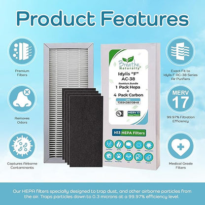 Breathe Naturally - Extra Thick Filters Compatible with Idylis “F” AC-38 Series Air Purifiers - Made for Idylis “F” AC-38/560885 Series(1 Pack Replacement HEPA Filter, 4 Pack Carbon Filters)