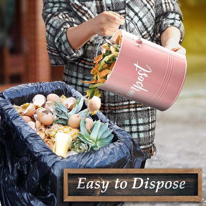 Compost Bin Kitchen, 1.3 Gallon Farmhouse Kitchen Compost Bin Countertop, Indoor Countertop Compost Bucket with Lid and Charcoal Filters, Pink