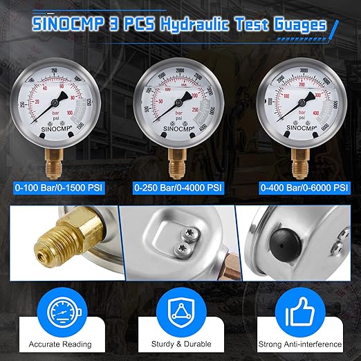SINOCMP Hydraulic Pressure Test Kit with 3 Gauges 10/25/40 Mpa, 3 Long Hoses 6 Couplings Diagnosis Gauge Tester Set for Excavator Construction Engineering Machinery Equipment