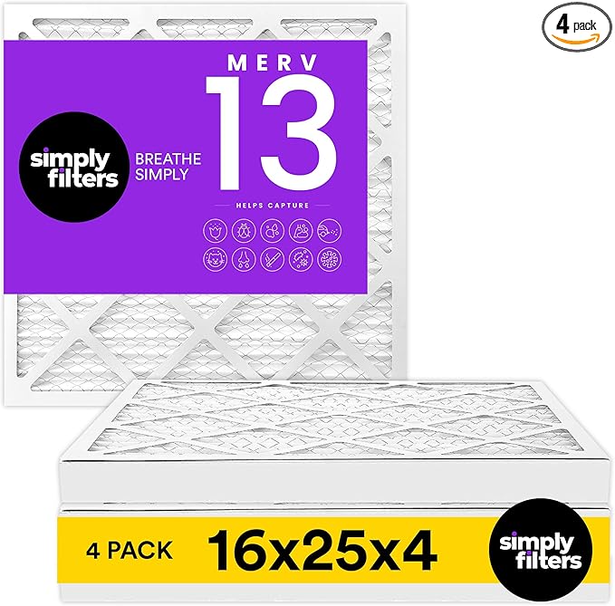 Simply 16x25x4 Air Filter, MERV 13, 4 Pack, Furnace Air Filter for HVAC (Actual Size: 16.5"x25.5"x3.63") DUST, Pet & Allergy Control