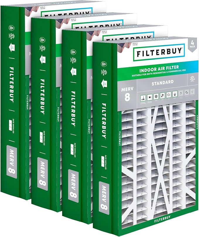 Filterbuy 14.5x27x5 Air Filter MERV 8 Essential Dust & Allergy Defense (4-Pack), Pleated HVAC AC Furnace Filters for Trane, American Standard, Honeywell, and More (Actual Size: 14.06 x 26.13 x 4.97)