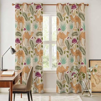2 Panel Kitchen Cafe Curtains, Desert Camels Sunlight Filtering Nature Air Through, Home Decor Window Covering Tier Curtains for Living Room 104W x 90L inch Vintage Sand Animals Aloe Vera Leaves Beige