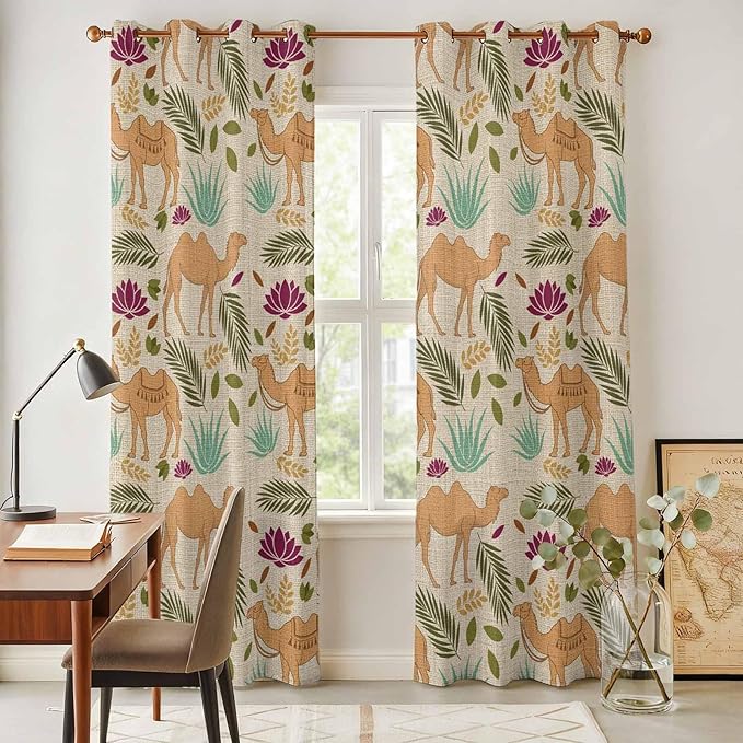 2 Panel Kitchen Cafe Curtains, Desert Camels Sunlight Filtering Nature Air Through, Home Decor Window Covering Tier Curtains for Living Room 80W x 84L inch Vintage Sand Animals Aloe Vera Leaves Beige