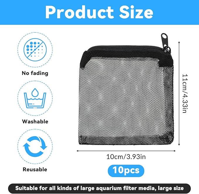 10Pcs Media Bags for Aquarium Fine Mesh Bag 4" x 4" with Plastic Zipper, Reusable Bag Mini Fish Tank Filter for Bio Activated Carbon Filterstones