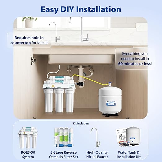 APEC WATER - Reverse Osmosis Water Filter System (ROES-50) Essence Series - 5-Stage Filtration - 50 GPD - Removes 99.99% of Impurities - DIY Install - WQA Certified - Under Sink Reverse Osmosis System