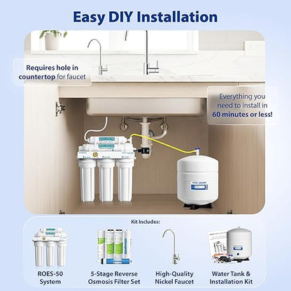 APEC WATER - Reverse Osmosis Water Filter System (ROES-50) Essence Series - 5-Stage Filtration - 50 GPD - Removes 99.99% of Impurities - DIY Install - WQA Certified - Under Sink Reverse Osmosis System