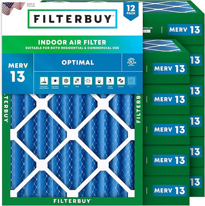 Filterbuy 18x20x4 Air Filter MERV 13 Optimal Smoke & Allergy Defense (12-Pack), Electrostatic Pleated HVAC AC Furnace Filters Replacement, Made in USA (Actual Size: 17.50 x 19.50 x 3.63)