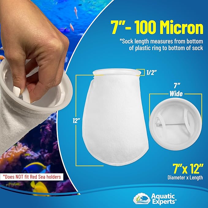 Aquatic Experts 7 Inch Filter Sock - 100 Micron Felt Filter Sock, Filter Socks for Saltwater Aquarium, Fish Tank Sump Filter Sock, Freshwater Aquarium Socks, Reef Filter Sock, (7"x12", 2 Pack)