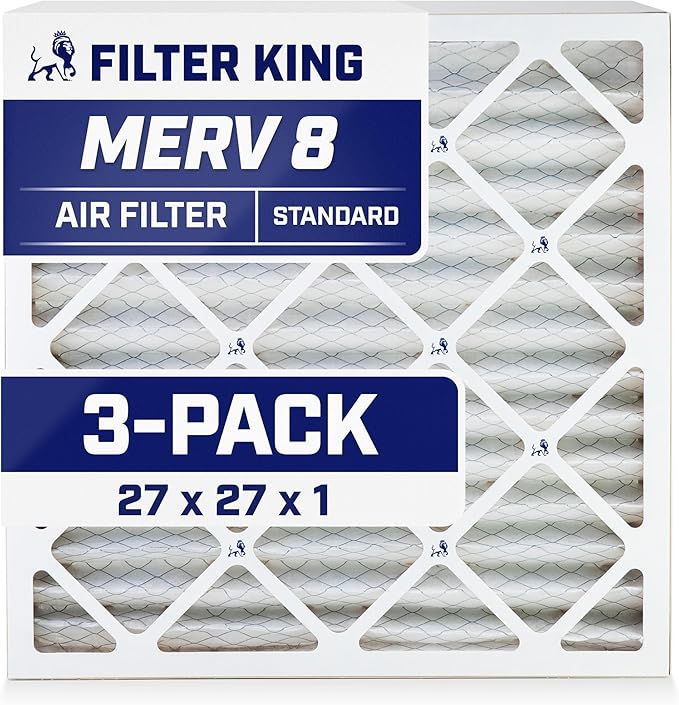 Filter King 27x27x1 Air Filter | 3-PACK | MERV 8 HVAC Pleated A/C Furnace Filters | MADE IN USA | Actual Size: 26.5 x 26.5 x .75"