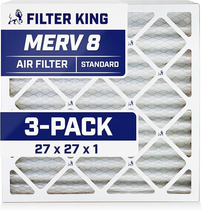 Filter King 27x27x1 Air Filter | 3-PACK | MERV 8 HVAC Pleated A/C Furnace Filters | MADE IN USA | Actual Size: 26.5 x 26.5 x .75"