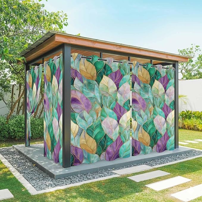 Leaves Outdoor Curtains for Patio Gorgeous Leaf Abstract Spring Waterproof Outside Curtains with Grommet Top Weatherproof Curtain for Cabana Pergola Gazebo, 2 Pack, 54" W x 108" L