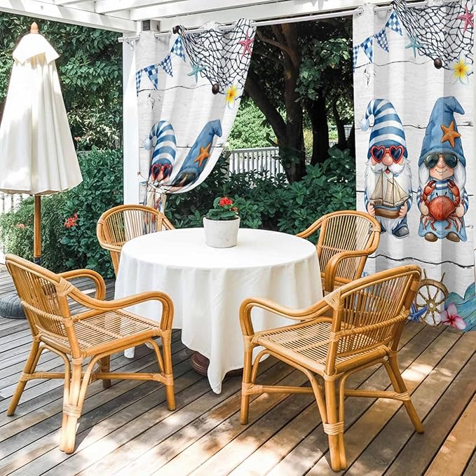 Ocean Gnome Outdoor Curtains for Patio Summer Marine Plumeria Shell Wooden Waterproof Outside Curtains with Grommet Top Weatherproof Curtain for Cabana Pergola Gazebo, 2 Pack, 54" W x 84" L