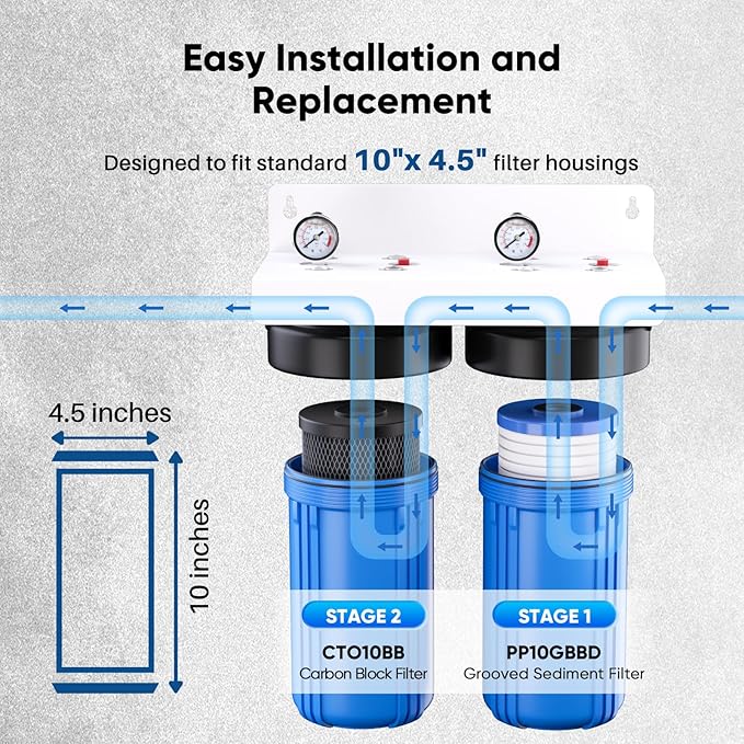 PUREPLUS 5 Micron 4.5"x10" Whole House Water Filter Combo Kit with Grooved Sediment and Activated Carbon Block Filter, Replacement for AP810, AP811, WFHDC8001, CB-BB-10, FXHTC, GXWH40L, 1PACK