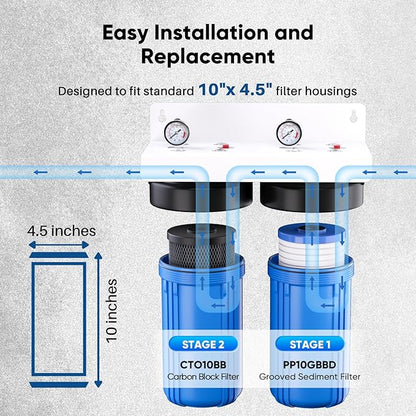 PUREPLUS 5 Micron 4.5"x10" Whole House Water Filter Combo Kit with Grooved Sediment and Activated Carbon Block Filter, Replacement for AP810, AP811, WFHDC8001, CB-BB-10, FXHTC, GXWH40L, 1PACK
