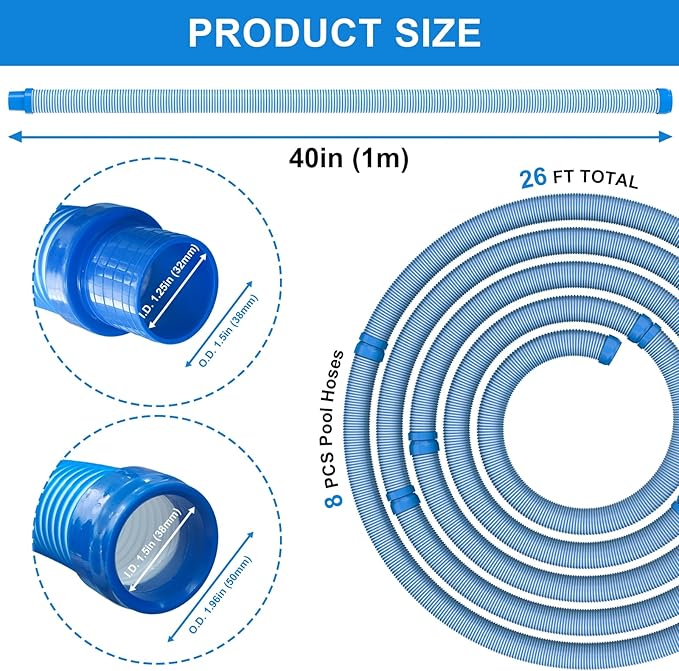 Poolvio Pool Vacuum Hose 26 Feet (8 x 40 Inch), 1.5 Inch Cuffs, Compatible with Most Inground Automatic Cleaners