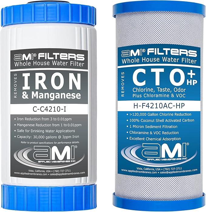 APPLIED MEMBRANES INC. Whole House Water Filter Replacement Filter Cartridge Set for Iron Reduction | 2 Stage 4.5” x 10” Carbon & Iron Filters | Fits 10-inch Housings