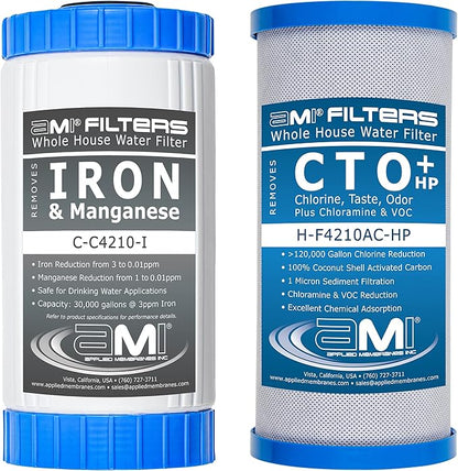 APPLIED MEMBRANES INC. Whole House Water Filter Replacement Filter Cartridge Set for Iron Reduction | 2 Stage 4.5” x 10” Carbon & Iron Filters | Fits 10-inch Housings